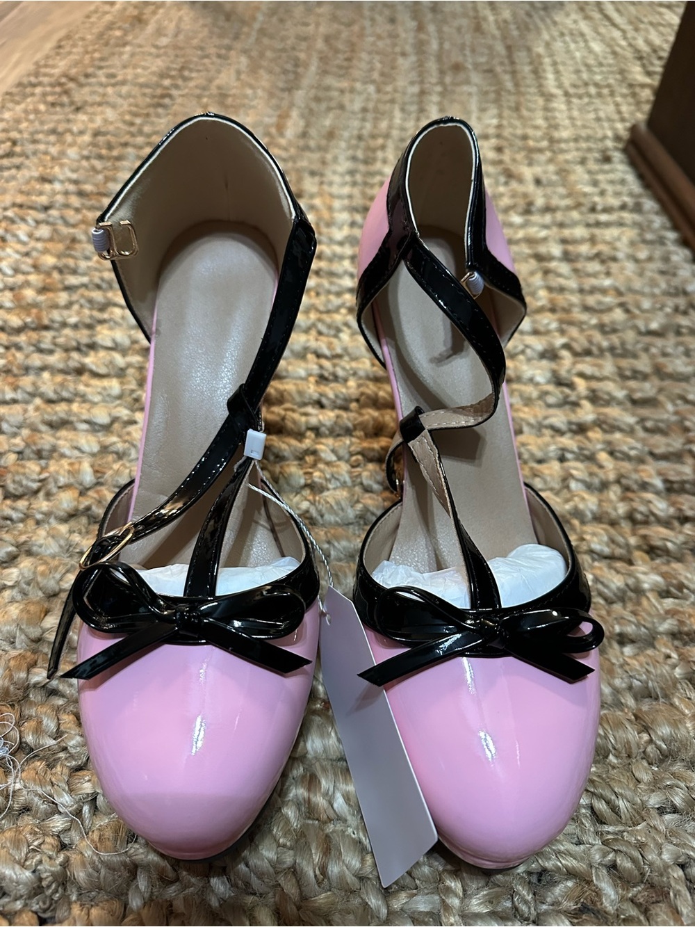 Pink Patent Heels with Black Bow Accent and Ankle Straps